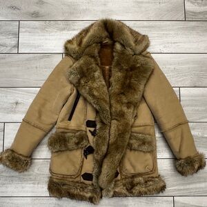 Women's vintage Tan Faux shearling Fur Trim interior Coat size small